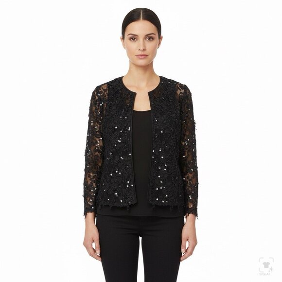 Chicos Womens Black Embroidered Sheer Jacket Sequins Details Sz 3 - Picture 10 of 10